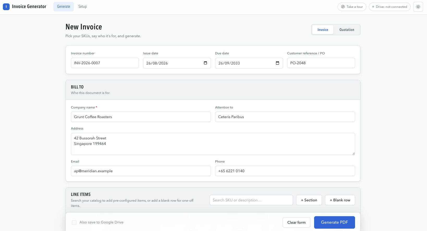 Invoice and quotation generator tool demo